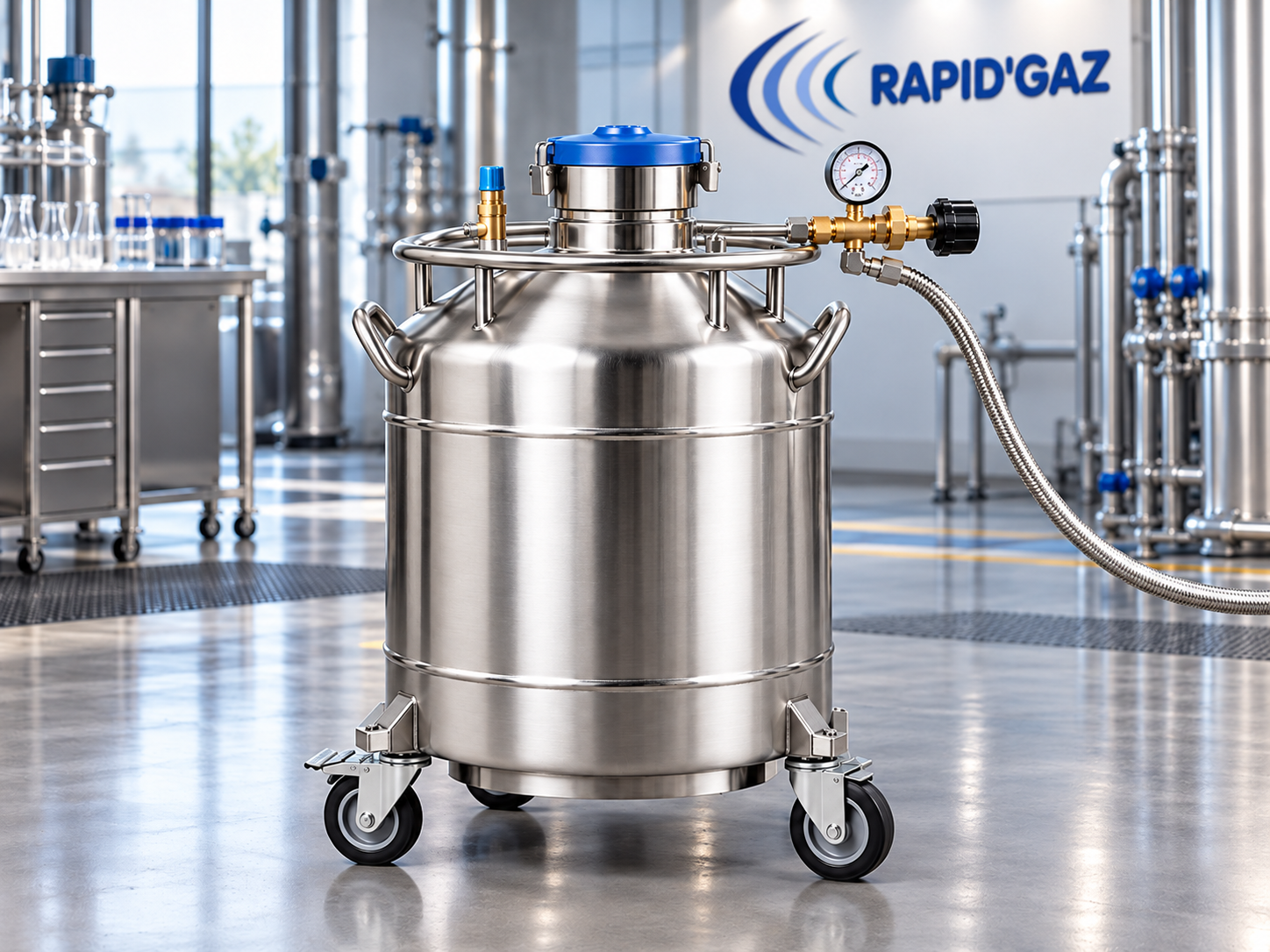 Illustration : cuve cryogénique inox sur roulettes, avec robinetterie et décor RAPID’GAZ