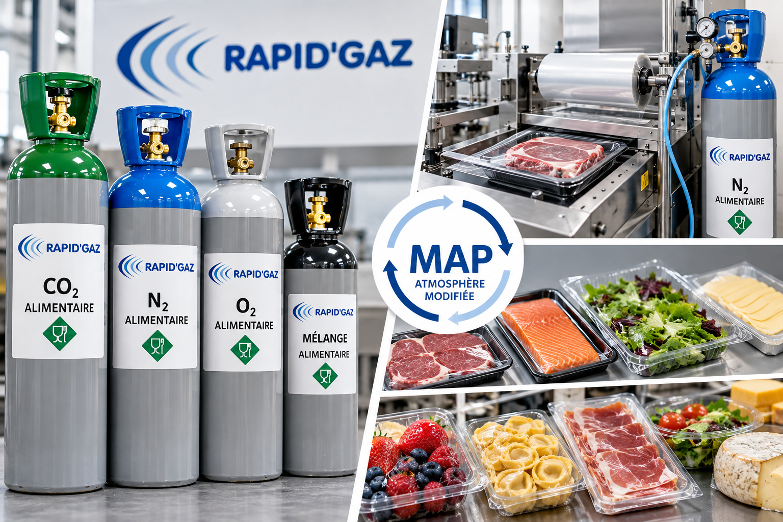 Illustration RAPID’GAZ : bouteilles de gaz alimentaires, machine de conditionnement et aliments emballés sous atmosphère modifiée