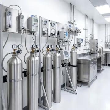 Illustration de bouteilles de gaz spéciaux raccordées à des équipements de laboratoire